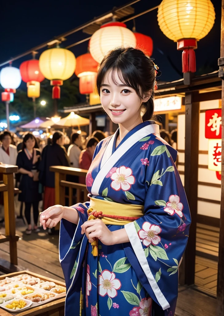 Diffuse lighting、 Highest quality, High resolution, ユニティ 8K 壁紙、Supersaturation, Colorful, 8K resolution, 1 female、Japanese、23 years old、Close-up portrait、Adorable, smile、looks fun、Japanese Yukata、 (((masterpiece))), Highest quality, 8K,During a lively summer festival, Vibrant colors, Details of traditional festival costumes, Colorful yukata and happi coats, A fun and lively expression, Festival Stalls, Night view with shining lanterns, Realistic, Intricate details, Dynamic configuration, Capturing the Essence of Japan's Summer Festivals, High resolution, Cowboy Shot