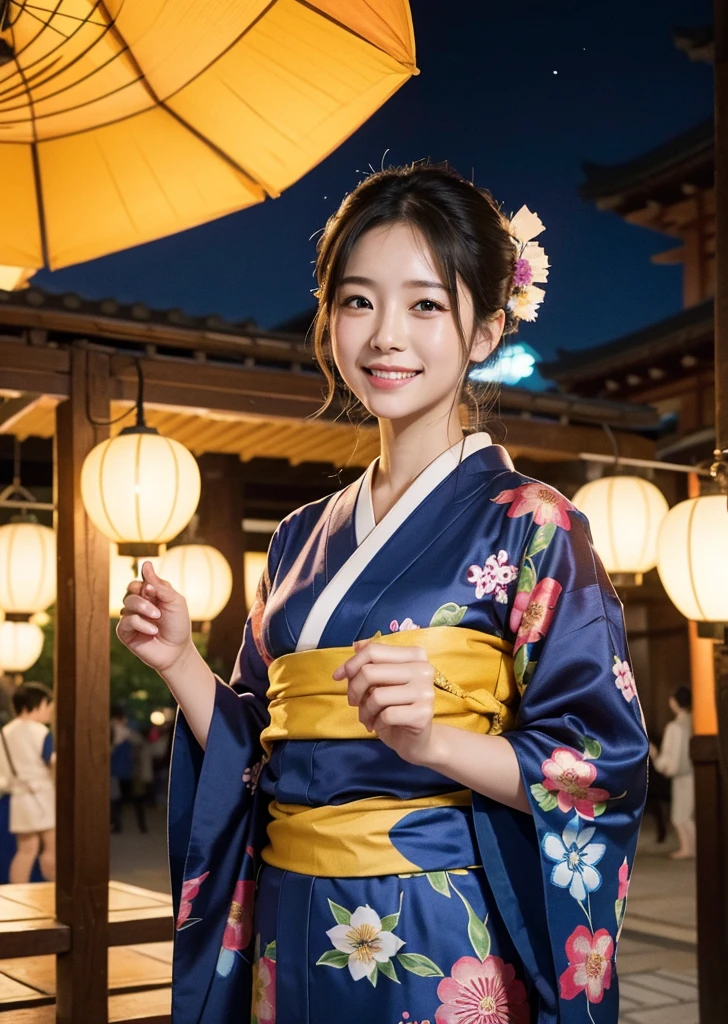 Diffuse lighting、 Highest quality, High resolution, ユニティ 8K 壁紙、Supersaturation, Colorful, 8K resolution, 1 female、Japanese、23 years old、Close-up portrait、Adorable, smile、looks fun、Japanese Yukata、 (((masterpiece))), Highest quality, 8K,During a lively summer festival, Vibrant colors, Details of traditional festival costumes, Colorful yukata and happi coats, A fun and lively expression, Festival Stalls, Night view with shining lanterns, Realistic, Intricate details, Dynamic configuration, Capturing the Essence of Japan's Summer Festivals, High resolution, Cowboy Shot