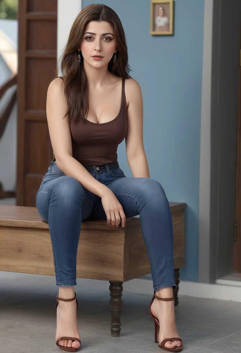 best quality,4k,8k,(masterpiece:1.2),ultra-detailed,realistic,photo-realistic:1.3, attention to detail,4K, ultra detailed body, Hande Erçel(Turkish actress),open toe heels, straight brown hair, brown eyes, plump lips, jeans, long legs, tank top