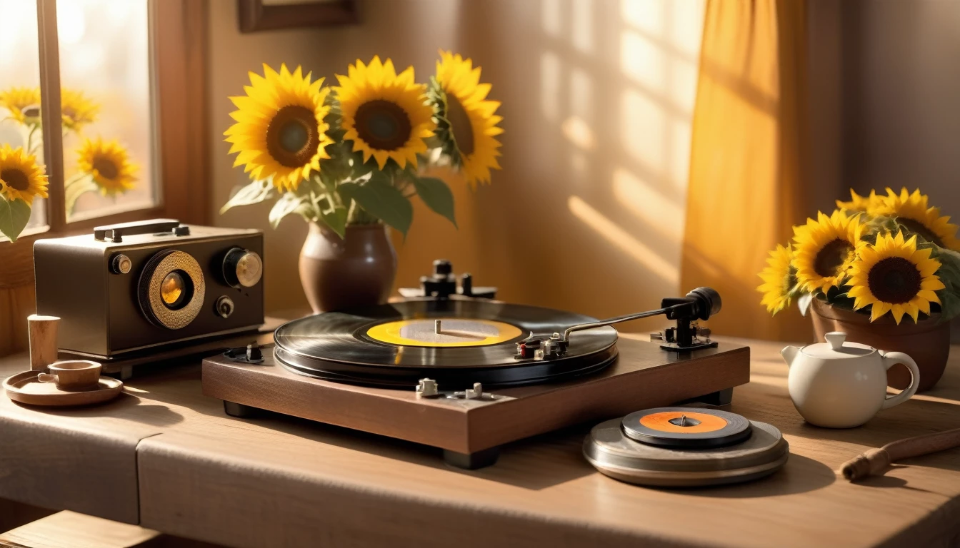 Create an image that features a cozy fall-themed atmosphere with a focus angle shoot on a steaming cup of coffee with latte art on its surface. The cup is placed on a wooden table and beside coffee cup is one sunflower in a pot. And there is one antique record player with a spinning record, The warm lighting and rich colors suggest a peaceful and inviting atmosphere.