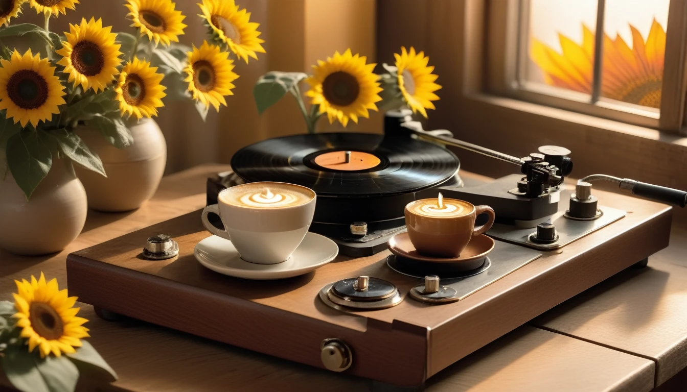 Create an image that features a cozy fall-themed atmosphere with a focus angle shoot on a steaming cup of coffee with latte art on its surface. The cup is placed on a wooden table and beside coffee cup is one sunflower in a pot. And there is one antique record player with a spinning record, The warm lighting and rich colors suggest a peaceful and inviting atmosphere.
