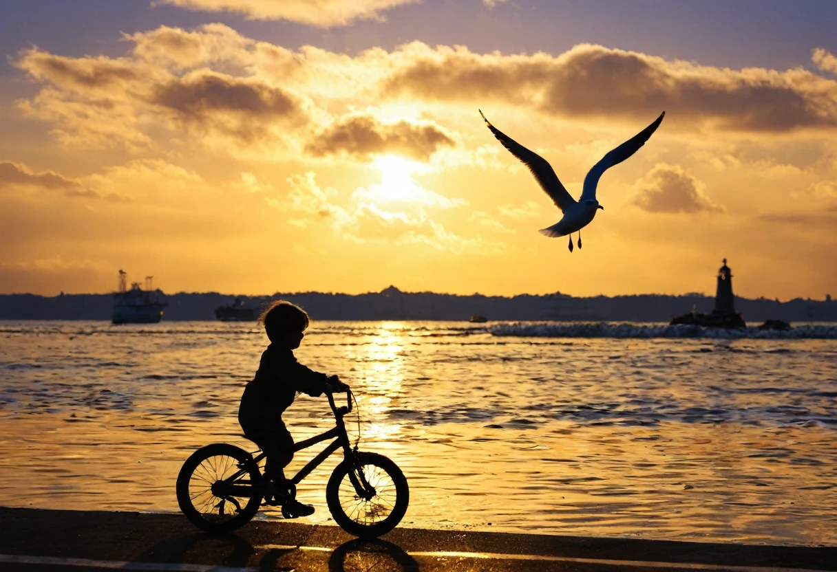 Sea，Sunset，Water surface gold，Sea surface，raw，Silhouette，uhd，Child，Bridge，Seagull，Clouds，bike