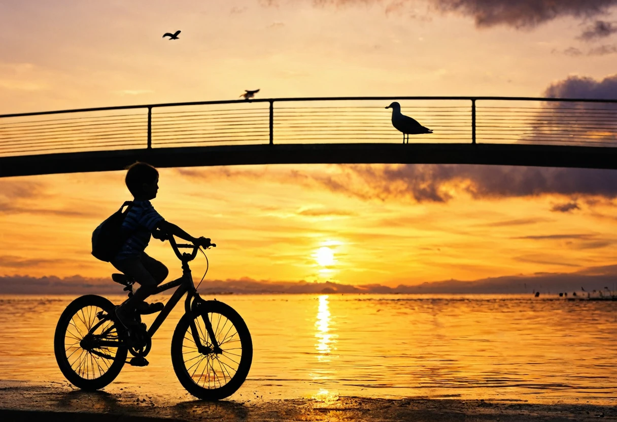 Sea,Sunset,Water surface gold,Sea surface,raw,Silhouette,uhd,Child,Bridge,Seagull,Clouds,bike