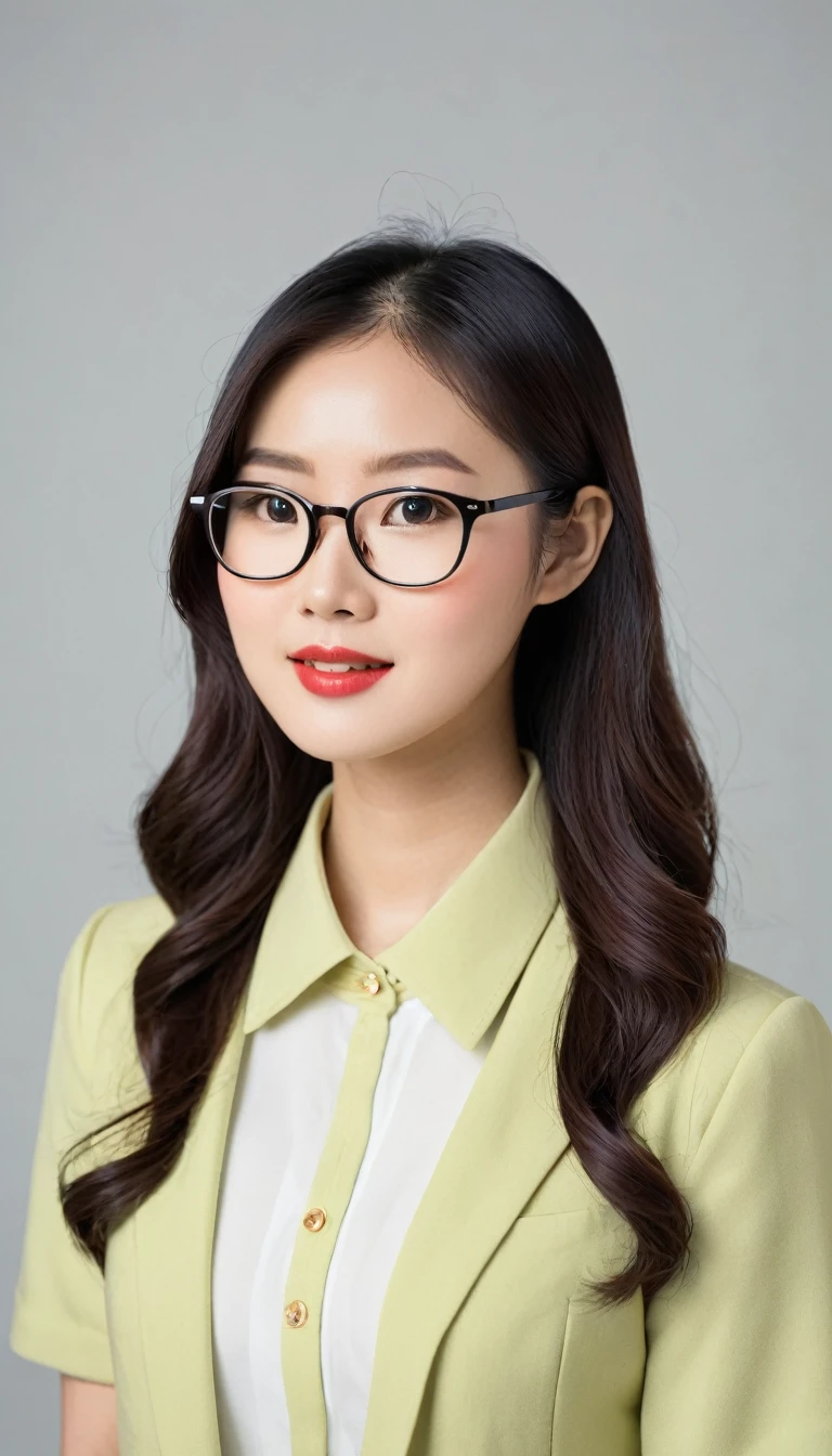 A nerdy, demure Asian woman wearing glasses