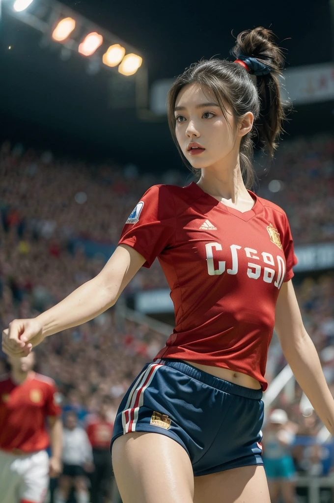 (((best quality))), (((ultra detailed))), (((masterpiece))), illustration,(a beautiful girl,female footballer,solo),(short ponytail:1.2),Spanish team,(short sleeves:1.2),((red jersey, blue shorts)),((slim,thin)),((small breasts,flat chest))),(slender legs:1.2),(football:1.3),determination, agility, passion, dedication, energetic crowd, vibrant atmosphere, electric, invigorating, chaotic, aggressive movements, powerful kicks, elegance, composure, intensity, sports, moment, perseverance, stands, packed stands, enthusiastic fans, roaring, supportive, cheering, chanting, sheen of sweat, skillful, dynamic, picturesque, atmospheric, action-packed, dramatic, realistic,adium, night game, stadium lighting, passionate player, focus, determination, talent, artistry, movement, speed, grace,(standing:1.3),((from front,upper body)),(night scene:1.3)