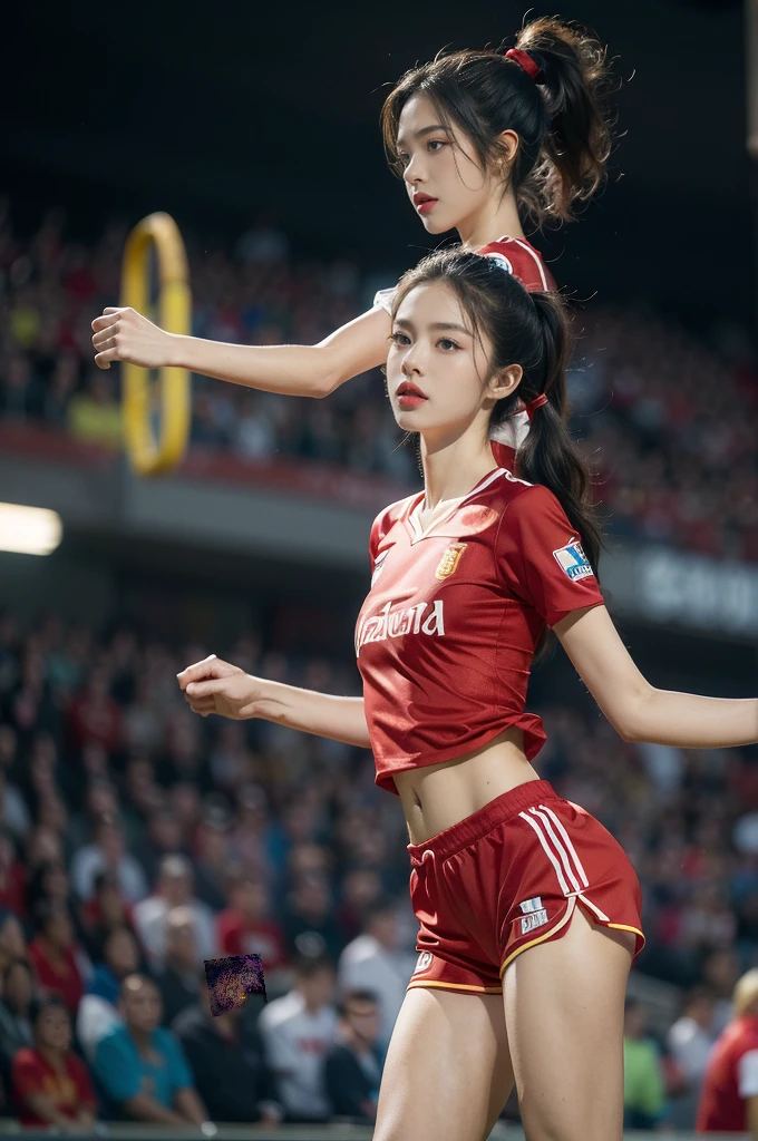 (((best quality))), (((ultra detailed))), (((masterpiece))), illustration,(a beautiful girl,female footballer,solo),(short ponytail:1.2),Spanish team,(short sleeves:1.2),((red jersey, blue shorts)),((slim,thin)),((small breasts,flat chest))),(slender legs:1.2),(football:1.3),determination, agility, passion, dedication, energetic crowd, vibrant atmosphere, electric, invigorating, chaotic, aggressive movements, powerful kicks, elegance, composure, intensity, sports, moment, perseverance, stands, packed stands, enthusiastic fans, roaring, supportive, cheering, chanting, sheen of sweat, skillful, dynamic, picturesque, atmospheric, action-packed, dramatic, realistic,adium, night game, stadium lighting, passionate player, focus, determination, talent, artistry, movement, speed, grace,(standing:1.3),((from front,upper body)),(night scene:1.3)