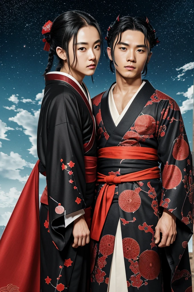 ((best quality)), ((masterpiece)), (detailed), perfect face I want you to create an image of two pillars in the style of kimetsu no jaiba, They are both friends and are about to face a high-level demon..
The first pillar wears a red kimono with chaotic patterns of black and white clouds with red circles.. has white skin, He uses a katana with Japanese engravings that release stars and red energy.. He wears a mullet. The second pillar wears a black kimono with sterling patterns.. Uses a katana engraved with constellations that release stardust. He has dark skin and wears a taper fade, both are men..
draw it in the anime style of kimetsu no jaiba.
the devil you can do it to your liking but make it look impressive