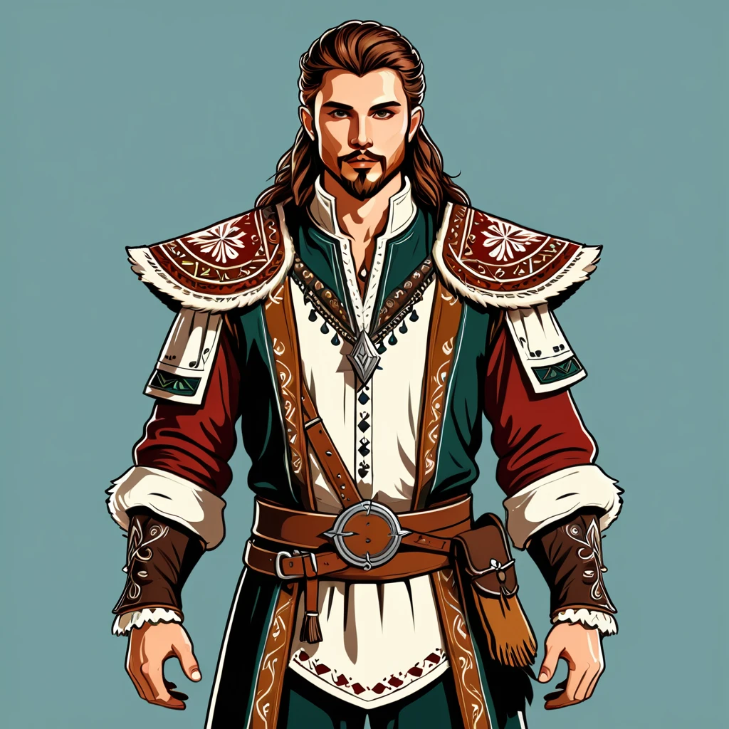 man in fantasy folk outfit, vector graphics, strong contours
