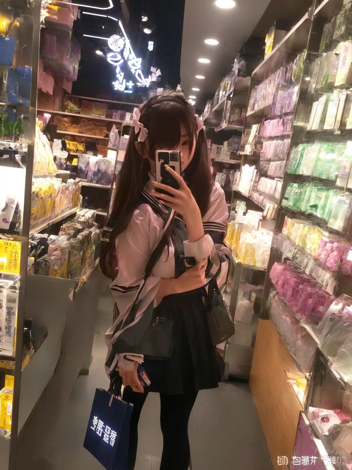 A woman takes a selfie with a camera in a store, Ulzan, Sakimichan, Chiho, Qingfu, Belle Delphine, 1 8 Yes, Japanese school uniform for girls, data center, In the mall, Lo-Fi Girl, Post-processing), student, Selfie taken at a vertical angle, Wear Japanese , Electronic Girl