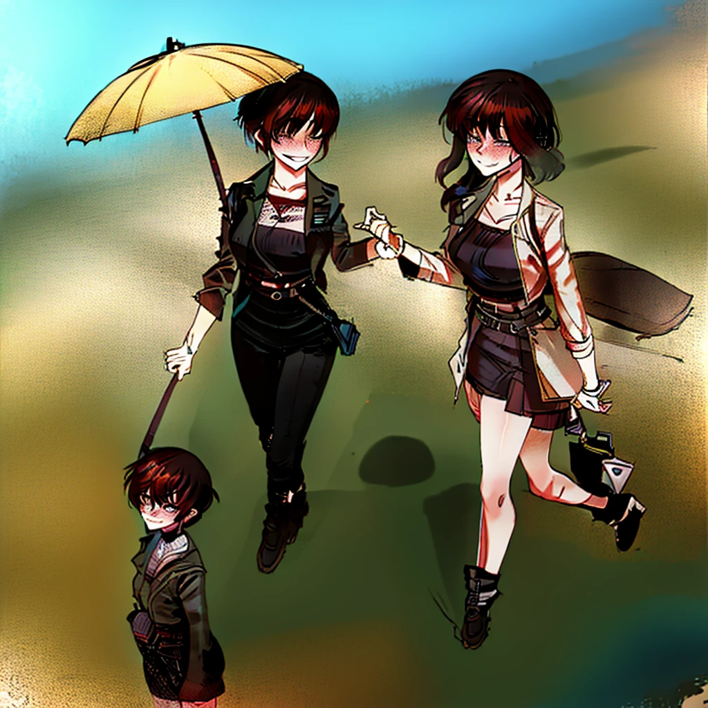 A beautiful brown-haired girl smiling with a blush while walking with an umbrella in hand