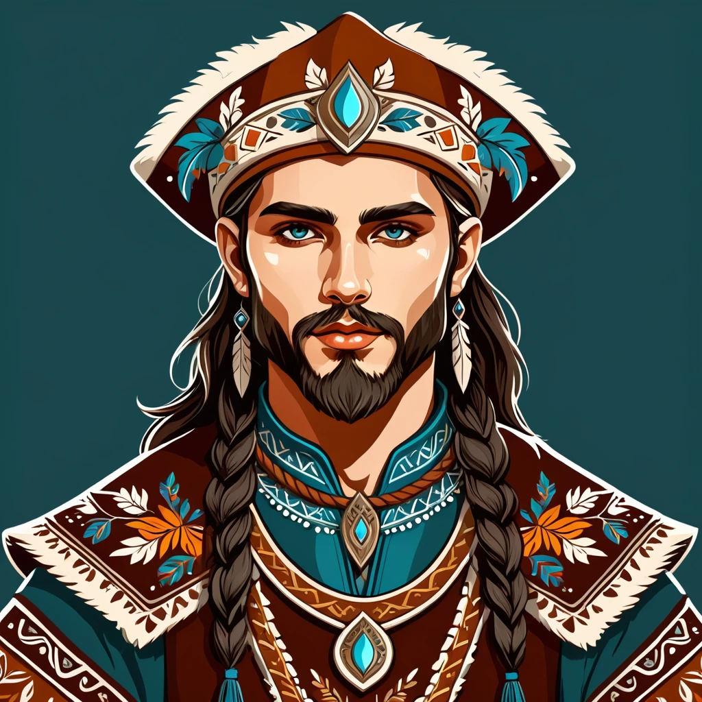man in fantasy folk outfit, vector graphics, strong contours