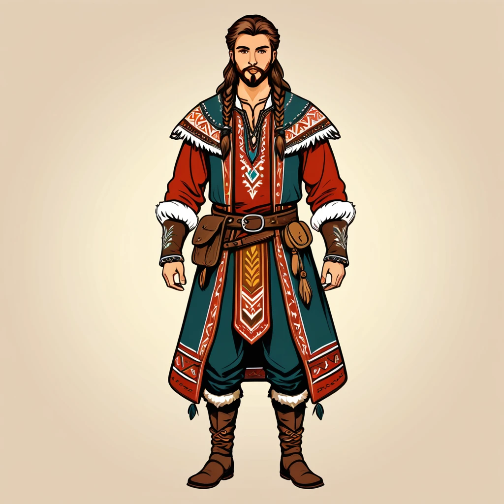 man in fantasy folk outfit, vector graphics, strong contours