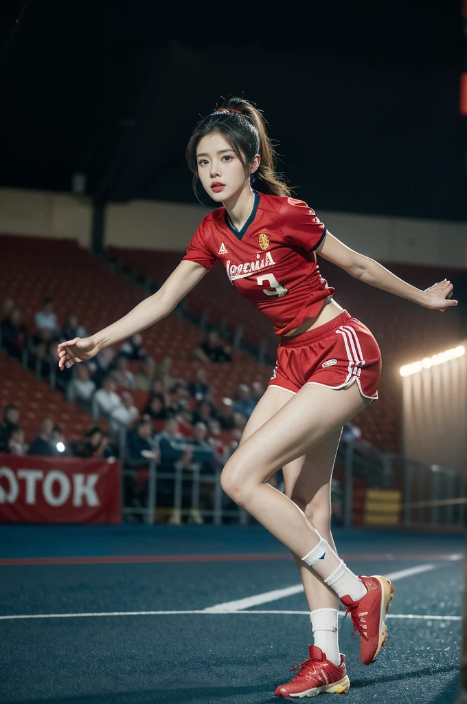 (((best quality))), (((ultra detailed))), (((masterpiece))), illustration,(a beautiful girl,female footballer,solo),(short ponytail:1.2),Spanish team,(short sleeves:1.2),((red jersey, blue shorts)),((slim,thin)),((small breasts,flat chest))),(slender legs:1.2),(football:1.3),determination, agility, passion, dedication, energetic crowd, vibrant atmosphere, electric, invigorating, chaotic, aggressive movements, powerful kicks, elegance, composure, intensity, sports, moment, perseverance, stands, packed stands, enthusiastic fans, roaring, supportive, cheering, chanting, sheen of sweat, skillful, dynamic, picturesque, atmospheric, action-packed, dramatic, realistic,adium, night game, stadium lighting, passionate player, focus, determination, talent, artistry, movement, speed, grace,(standing:1.3),((from front,full body)),(night scene:1.3)