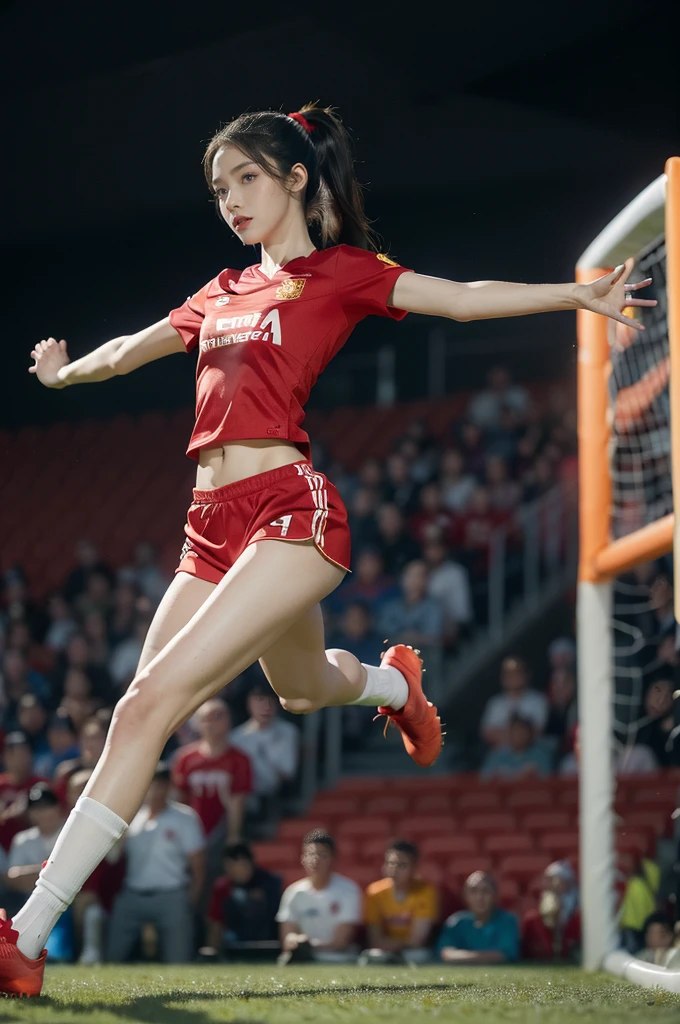 (((best quality))), (((ultra detailed))), (((masterpiece))), illustration,(a beautiful girl,female footballer,solo),(short ponytail:1.2),Spanish team,(short sleeves:1.2),((red jersey, blue shorts)),((slim,thin)),((small breasts,flat chest))),(slender legs:1.2),(football:1.3),determination, agility, passion, dedication, energetic crowd, vibrant atmosphere, electric, invigorating, chaotic, aggressive movements, powerful kicks, elegance, composure, intensity, sports, moment, perseverance, stands, packed stands, enthusiastic fans, roaring, supportive, cheering, chanting, sheen of sweat, skillful, dynamic, picturesque, atmospheric, action-packed, dramatic, realistic,adium, night game, stadium lighting, passionate player, focus, determination, talent, artistry, movement, speed, grace,(standing:1.3),((from front,full body)),(night scene:1.3)