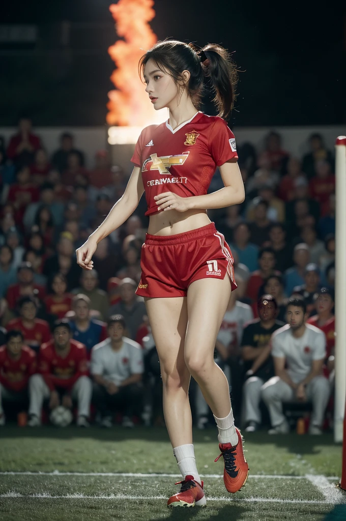 (((best quality))), (((ultra detailed))), (((masterpiece))), illustration,(a beautiful girl,female footballer,solo),(short ponytail:1.2),Spanish team,(short sleeves:1.2),((red jersey, blue shorts)),((slim,thin)),((small breasts,flat chest))),(slender legs:1.2),(football:1.3),determination, agility, passion, dedication, energetic crowd, vibrant atmosphere, electric, invigorating, chaotic, aggressive movements, powerful kicks, elegance, composure, intensity, sports, moment, perseverance, stands, packed stands, enthusiastic fans, roaring, supportive, cheering, chanting, sheen of sweat, skillful, dynamic, picturesque, atmospheric, action-packed, dramatic, realistic,adium, night game, stadium lighting, passionate player, focus, determination, talent, artistry, movement, speed, grace,(standing:1.3),((from front,full body)),(night scene:1.3)