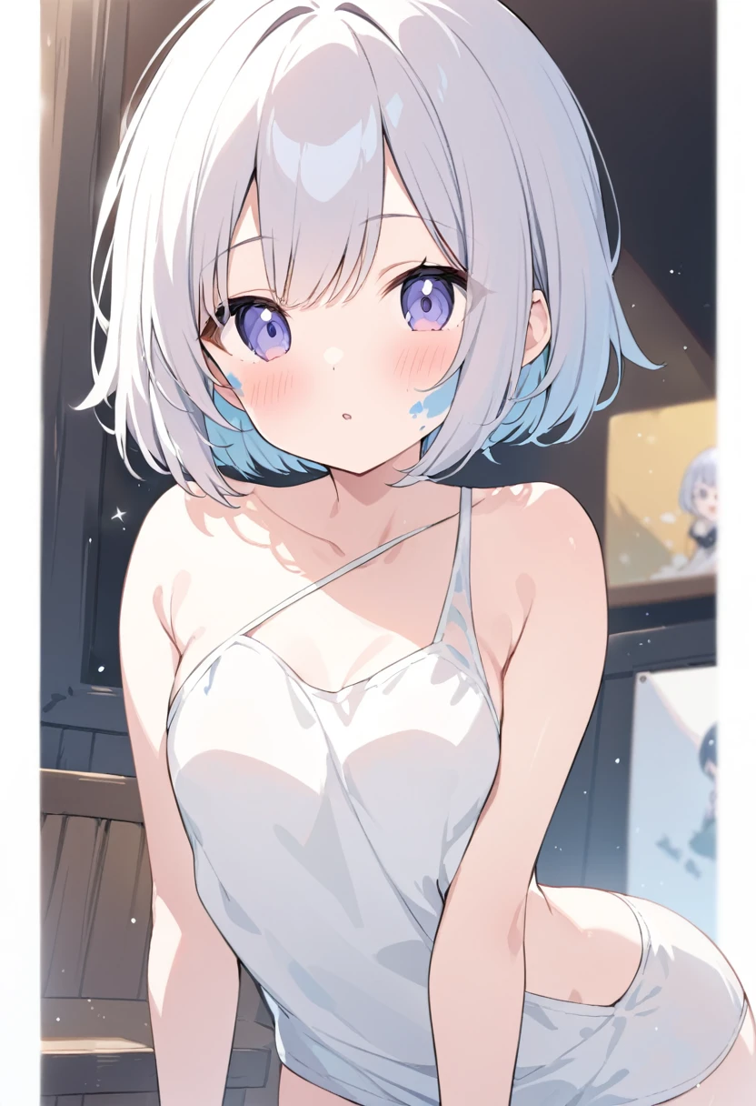 Cute touch painting、Short Hair Girl、Look this way、View here、Oblique body、