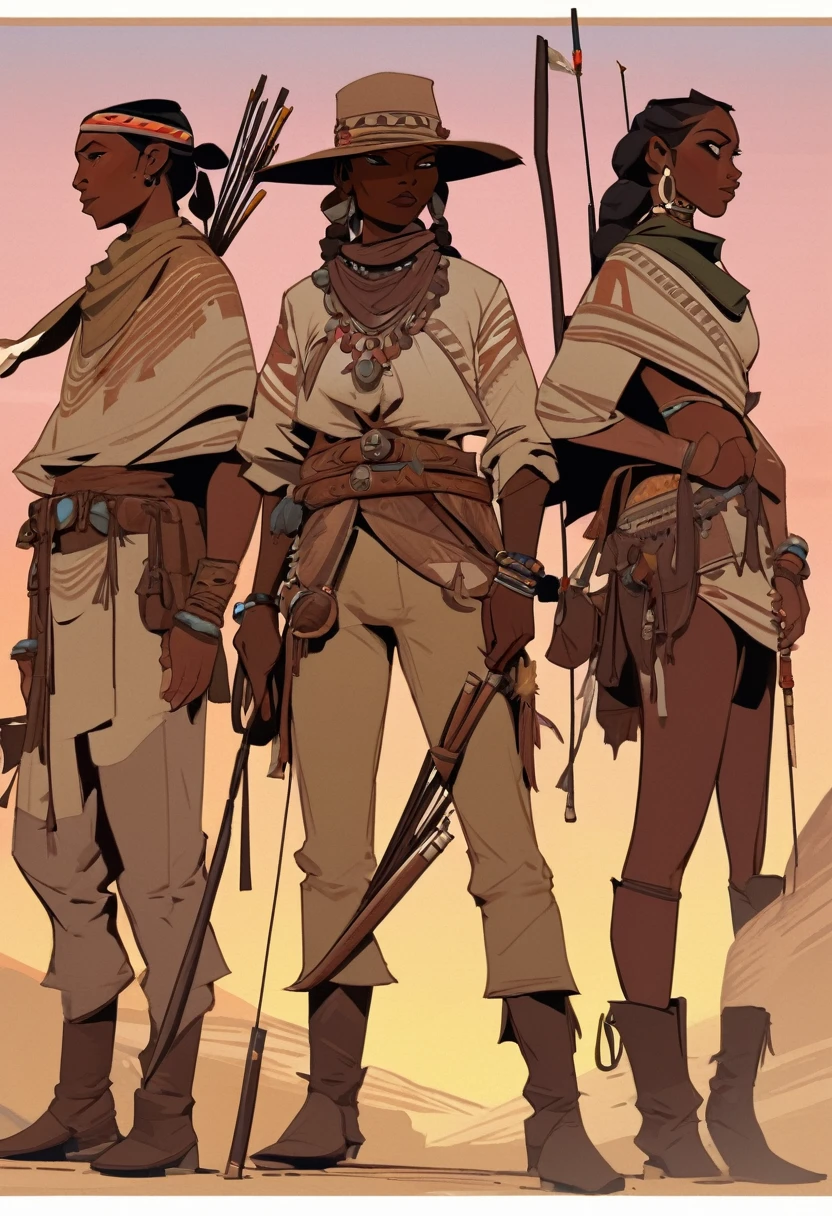 score_9, score_8_up, score_7_up, score_6_up, score_5_up, score_4_up, 1man, Western, far away, Wild West, red dead Redemption, cartoon art style, Light brown skin, wooden archery, Hunting, desert, sunset, indium, Indigenous, Tribal, Solo, Bow, Hunter, Thong, Indian Makeup
