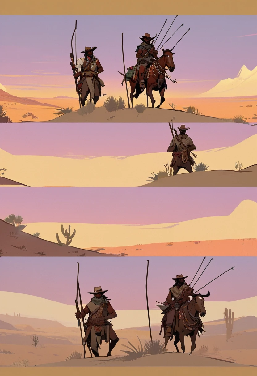 score_9, score_8_up, score_7_up, score_6_up, score_5_up, score_4_up, 1man, Western, far away, Wild West, red dead Redemption, cartoon art style, Light brown skin, wooden archery, Hunting, desert, sunset, indium, Indigenous, Tribal, Solo, Bow, Hunter, Thong, Indian Makeup