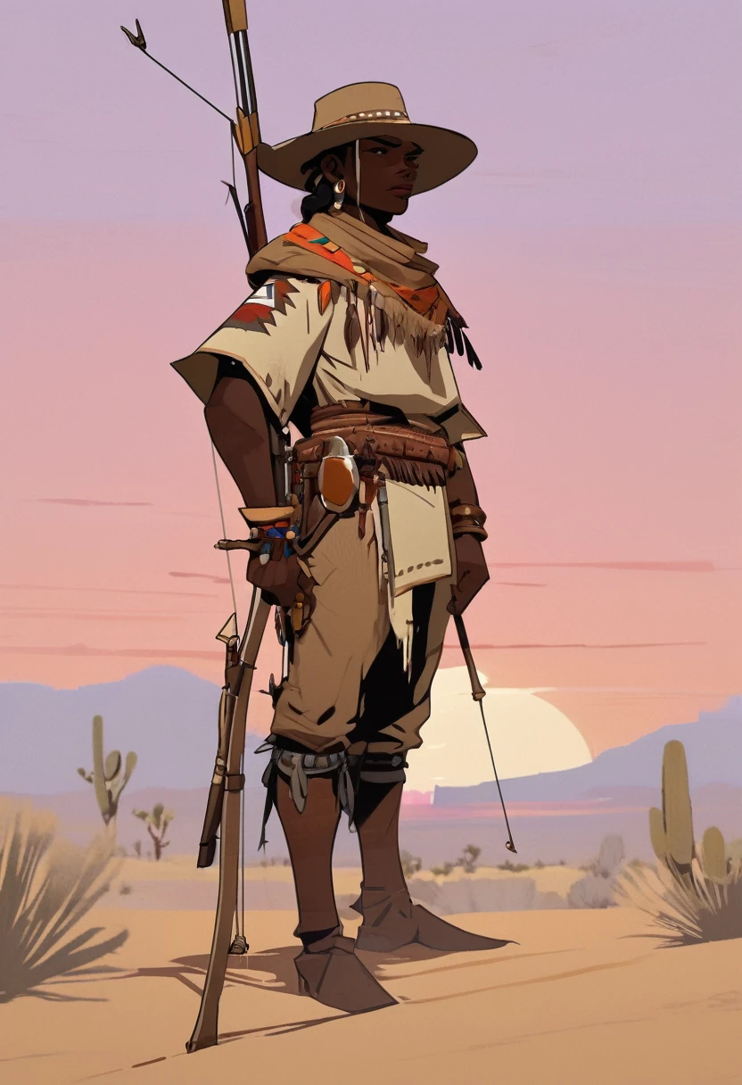 score_9, score_8_up, score_7_up, score_6_up, score_5_up, score_4_up, 1man, Western, far away, Wild West, red dead Redemption, cartoon art style, Light brown skin, wooden archery, Hunting, desert, sunset, indium, Indigenous, Tribal, Solo, Bow, Hunter, Thong, Indian Makeup