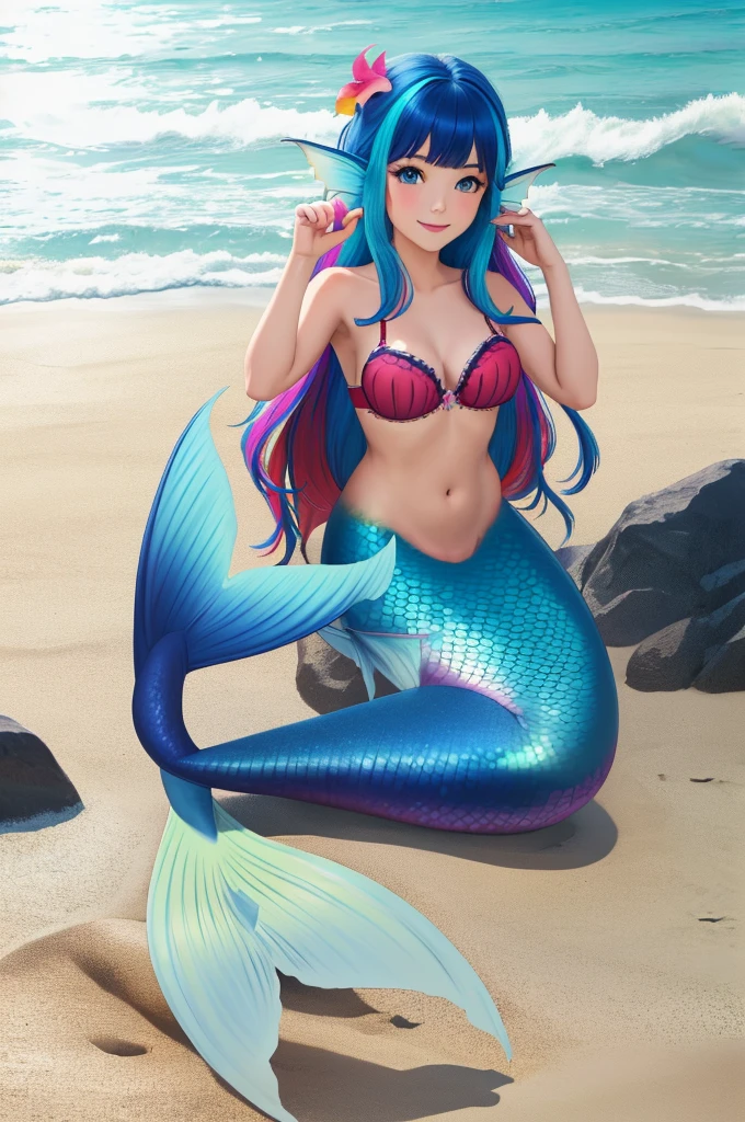 masterpiece, best quality:1.2), 1girl, smile, looking at viewer, blue eyes, multicolored hair, mermaid, multicolored mermaid tail, laying on beach, fin ears, head fins, seashell bra, by orchid flowers