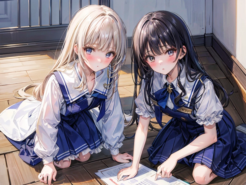 (Highest quality, 8K, 32k, masterpiece, Ultra-high resolution,:1.2),born, Two Girls,Super cute , Natural light,Clear, shining eyes, 20-year-old,Mid-chest ,Fair skin ,Blushed,Dynamic Lighting, At the top of the stairs, ((学born服)), On all fours, Close your legs, loafers, Browsing Caution, In the middle of the stairs, Shiny, Showing panties, White or blue panties