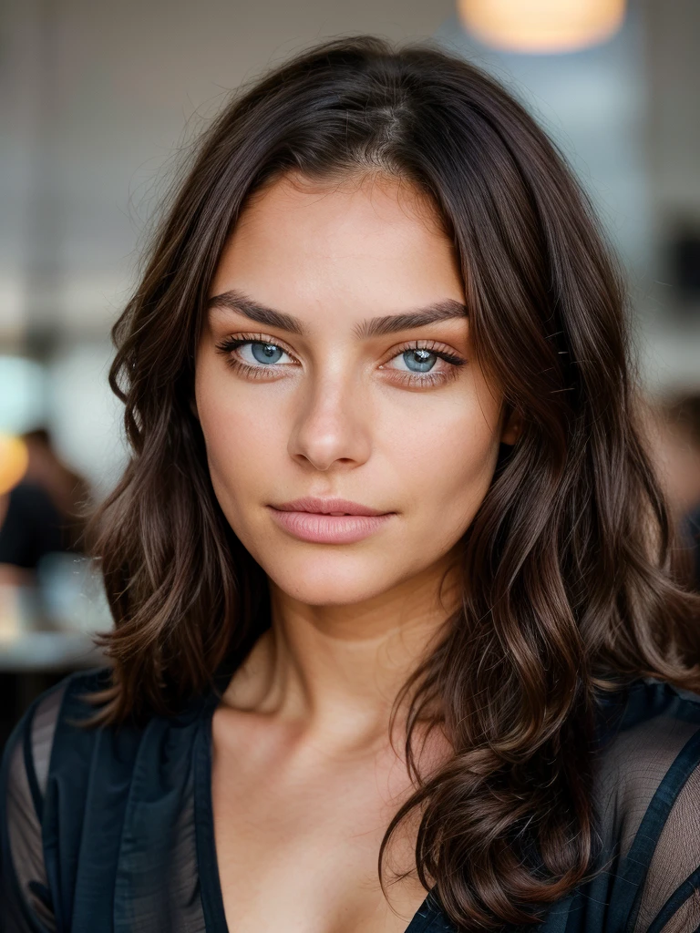 Beautiful brunette wearing black blouse (sipping coffee inside a modern café at sunset), very detailed, (22 years old, innocent face, naturally wavy hair, blue eye), high resolution, masterpiece, best quality, intricate details, highly detailed, sharp focus, detailed skin, realistic skin texture, texture, detailed eyes, professional, 4k, charming smile, shot on Canon, 85mm, shallow depth of field, kodak vision color, perfect fit body, extremely detailed, foto_\(ultra\), photorealistic, realistic, post-processing, maximum detail, roughness, real life, ultra realistic, photorealism, photography, 8k uhd, photography