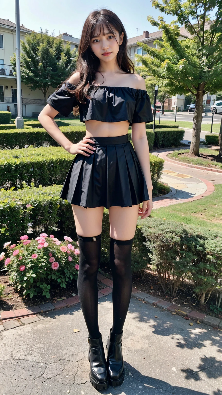 (8K、RAW Photos、Highest quality、masterpiece:1.2)、(Highest quality、Realistic)、1 Girl、((ribbon、Tube top、Off the shoulder、Medium Hair、Big Breasts、Breast enlargement、smile、Pink and black、mini skirt、Thin legs、whole body、boots、garden、View from the front、Looking into the camera、Idol Costume、Stand with hands on hips))、cute