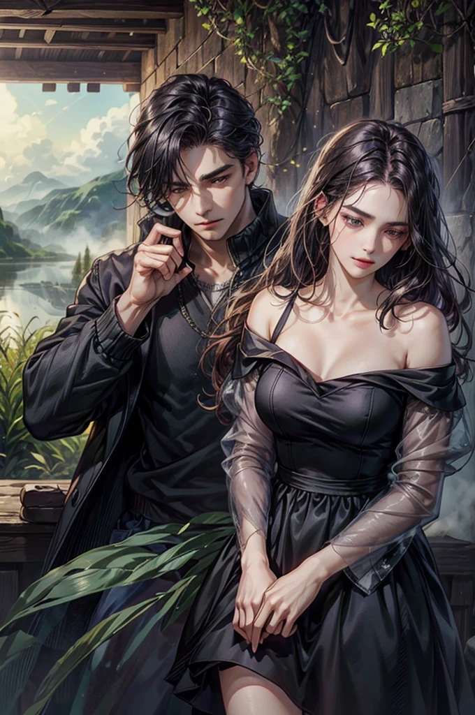 a boy with dark purple hair and shock hairstyle, purple eyes, standing in a rural village, accompanied by a young girl with black long hair, both with perfect proportions, brilliant, cold expression,(best quality,4k,8k,highres,masterpiece:1.2),ultra-detailed,(realistic,photorealistic,photo-realistic:1.37),ghibli style scenery background,extremely detailed face,conjunctivitis,dramatic lighting