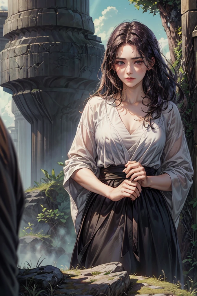 a age boy with dark purple hair and shock hairstyle, purple eyes, standing in a rural village, accompanied by a young girl with black long hair, both with perfect proportions, brilliant, cold expression,(best quality,4k,8k,highres,masterpiece:1.2),ultra-detailed,(realistic,photorealistic,photo-realistic:1.37),ghibli style scenery background,extremely detailed face,conjunctivitis,dramatic lighting
