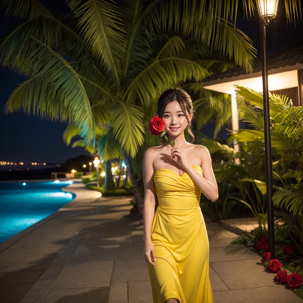 Wearing a yellow dress、A woman enjoying vacation at a tropical resort at night。With a red rose in my hand。