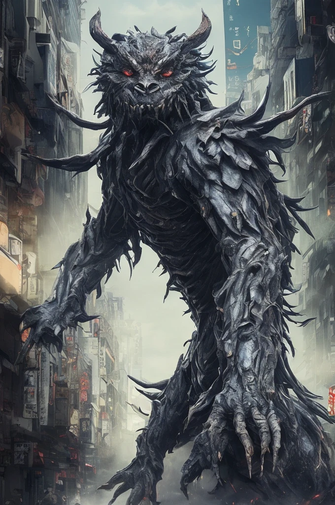 (Highest quality、High resolution、8K、Accuracy、masterpiece: 1.2)。The strangest monsters in the world。A super giant monster、Standing in the streets of Tokyo, Japan。The strange atmosphere of the yokai somehow blends in naturally with the streets of Tokyo.。A clear blue sky with a face reaching above the clouds。god々Successfully、A sinister monster、god様のよう。