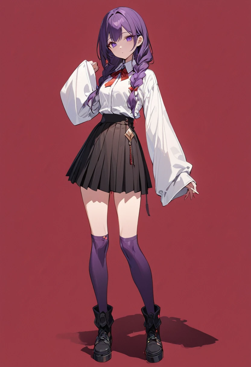 masterpiece, (bestquality), highlydetailed, cold, calm, gentle, expressionless, solo, (detailed eyes), (1 young woman), dark purple hair, very long single braid, bright purple eyes, (white collared shirt with white furisode sleeves), thin red bow tie under the collar, (diamond-shaped pin on the front of the bow), (black high-waisted pleated skirt), dark purple high socks, black ankle boots, (simple earthy red background), (empty background), full body, standing