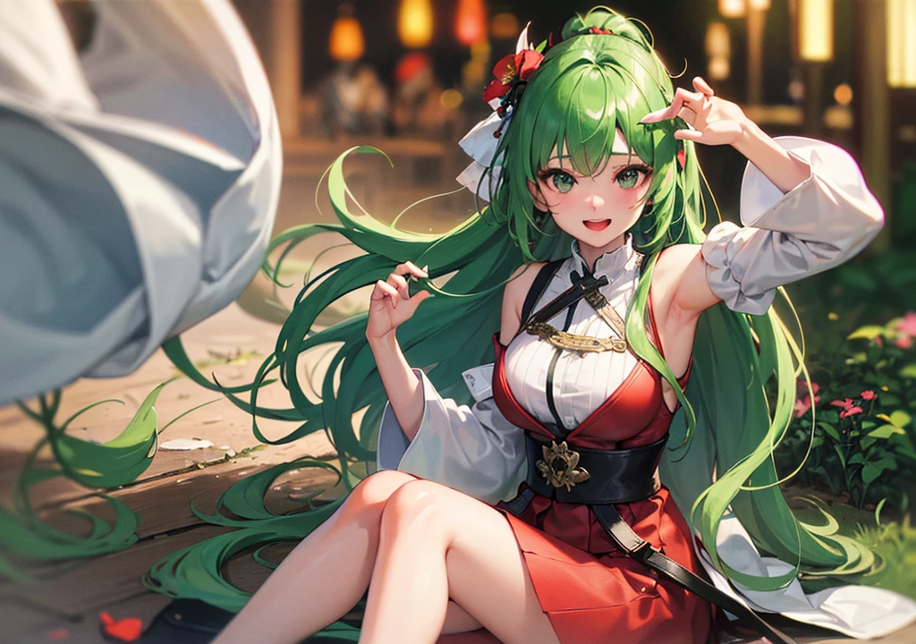 masutepiece、An ultra-high picture quality、ultra-quality、8K、Clear details、face perfect、Phenomenally cute face、perfect and slender body、An 18-year-old girl with a height of about 150cm、Green hair、Hair fluttering in the wind、Clothes are black Chinese clothes、Breasts and underwear visible through Chinese clothes fluttering in the wind、Bullish look、red blush、Place your hands behind your back to emphasize your chest