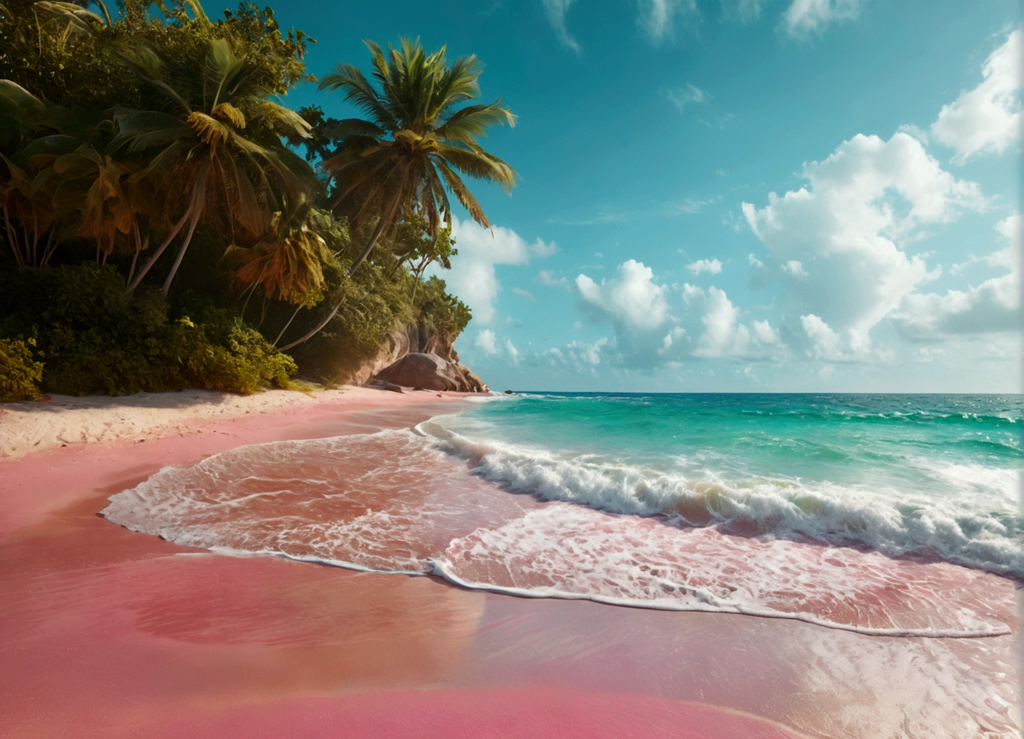 A beautiful beach landscape with a pink sand shore and a calm, green sea. The scene is devoid of people, capturing the serene and tranquil essence of the beach. The style is dreamy and aesthetic, with a focus on a high-quality, ultra-clear 8K resolution to bring out the vivid details and colors. The composition follows the golden ratio, with the beach occupying one-third of the image and the sea occupying two-thirds of the image, creating a harmonious and balanced visual