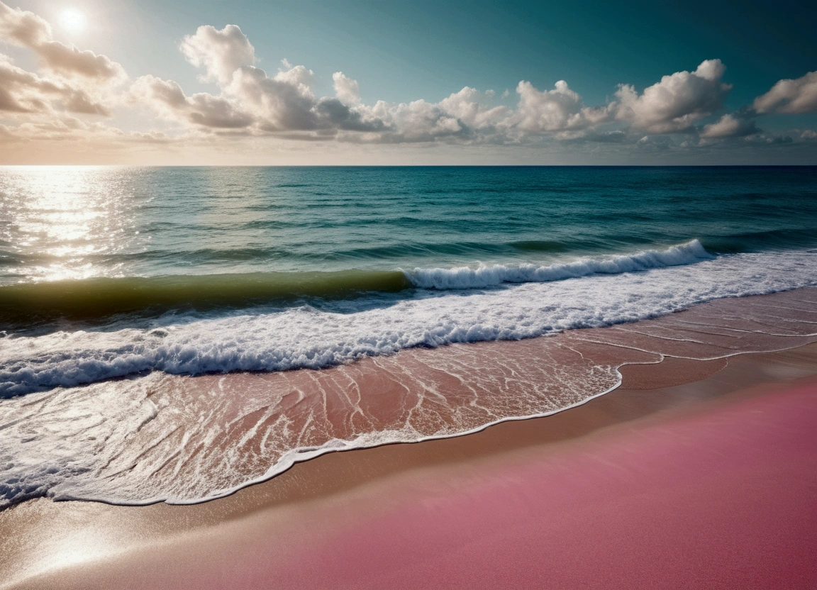 A beautiful beach landscape with a pink sand shore and a calm, green sea. The scene is devoid of people, capturing the serene and tranquil essence of the beach. The style is dreamy and aesthetic, with a focus on a high-quality, ultra-clear 8K resolution to bring out the vivid details and colors. The composition follows the golden ratio, with the beach occupying one-third of the image and the sea occupying two-thirds of the image, creating a harmonious and balanced visual