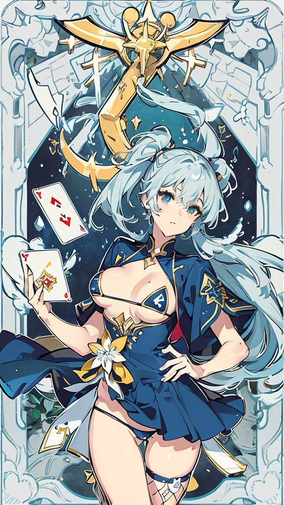 Pisces、Silver Hair、tarot cards,Hands together,Vulcan salute,attention, There is a halo behind the head,finely_detailed, perfect_Body, perfect_Eye, perfect_Face, perfect_finger,Yu-Gi-Oh card game style、(((Voluminous breasts 1.8)))、(((micro bikini 1.4)))、(Saggy breasts 1.4)、(Cleavage 1.4),Seductive pose、Random Pause、cowboy shot、
(The Pisces symbol is depicted on the card frame 1.3)、Three-dimensional depiction that seems to emerge from the card, ultra-detailed depiction, artistic、A pose that makes it seem as if the person is coming out of the card、The card frames are drawn in super-beautiful detail, perfect anatomy, perfect fingers, super beautiful faces, stunning beauties aged 16 to 30、Greek mythology sculpture style background、Super beautiful eyes, and the card frame features illustrations of the moon, sun, stars, and golden coins、The card frame features an illustration of a sword and shield、Card colors are random、Depicts the symbol of Pisces、Write the letter Pisces、Write Pisces on the top of the tarot card.May the person who sees the tarot card be happy、Write the word "Pisces" in embossed letters on the tarot card、Magic wand, spear, bow and arrow, guitar, fire, water, earth, wind, dagger, pen, sword, crossbow, large shield, gloves, fishnet stockings、Flowers, leaves, good luck, four leaf clover、Scattering jewels、Diamond, ruby, sapphire, topaz, blue sapphire, pearl, crystal,Virgo sign tattoo on body、Random hair color、Rainbow, red, blue, orange, yellow, purple, green, gold, Silver, light blue, brown, white, yellow-green, navy blue, pink,Her hair is blue