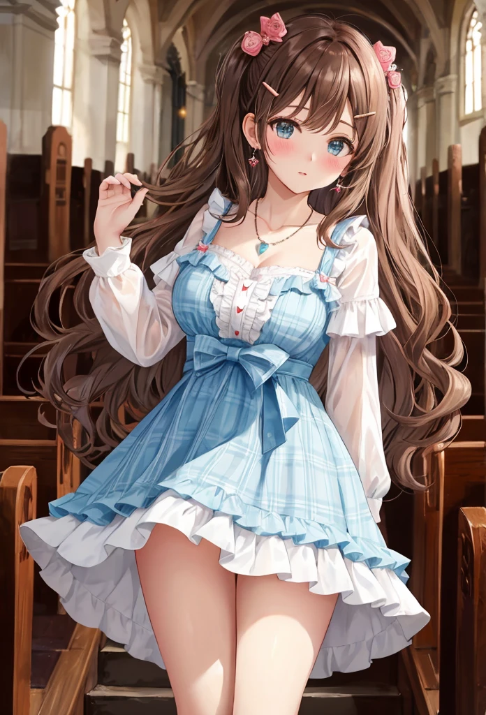 1 beautiful girl of 20 years old, anime girl, very cute and beautiful girl, altar, church, inside, brown hair, bangs, hair over shoulder, long hair, messy hair, wavy hair, hair one side up, hair ornament, hairclip, heart hair ornament, aqua eyes, wide eyes, heart earrings, blush, bright pupils, jewelry, glossy lips, necklace, blush, cowboy shot, looking at the viewer, down on my knees, (elegant blue plaid lolita dress with detailed ruffles), detailed lace, skirt lift, (white panties), big and round breasts, thin waist, shapely thighs, open legs, (Best Quality, Masterpiece:1.0), absurdities, high resolution, ultra detailed, extremely detailed, 32k, 8K resolution, intricate details, movie scene, detailed background, Alone, dynamic angle