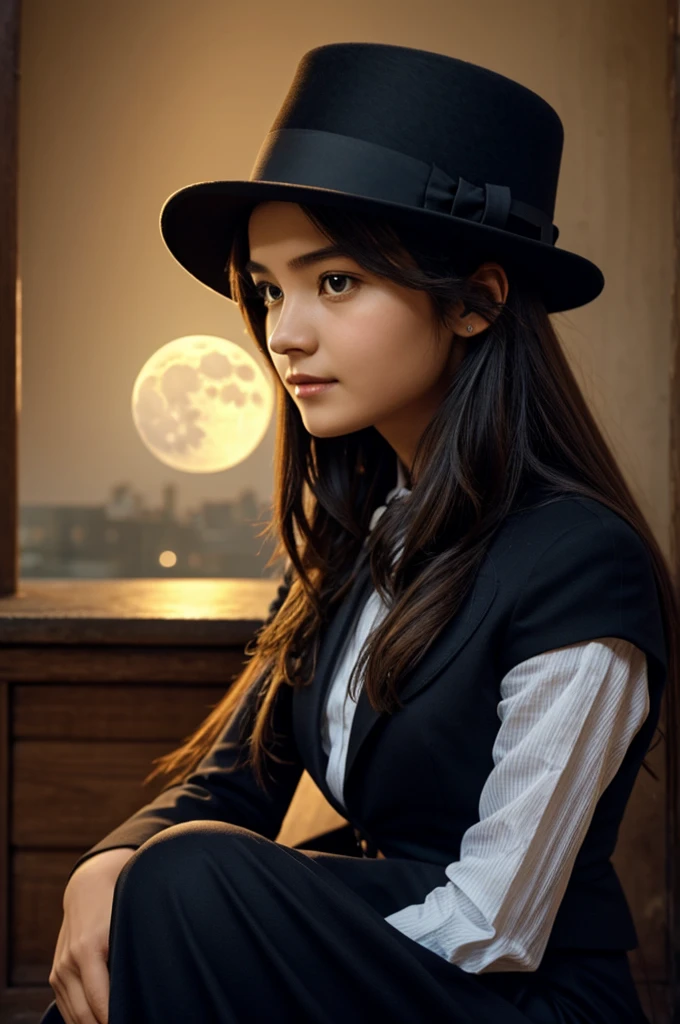 Girl whose face cannot be seen sitting with a bowler hat watching the moon sitting at night