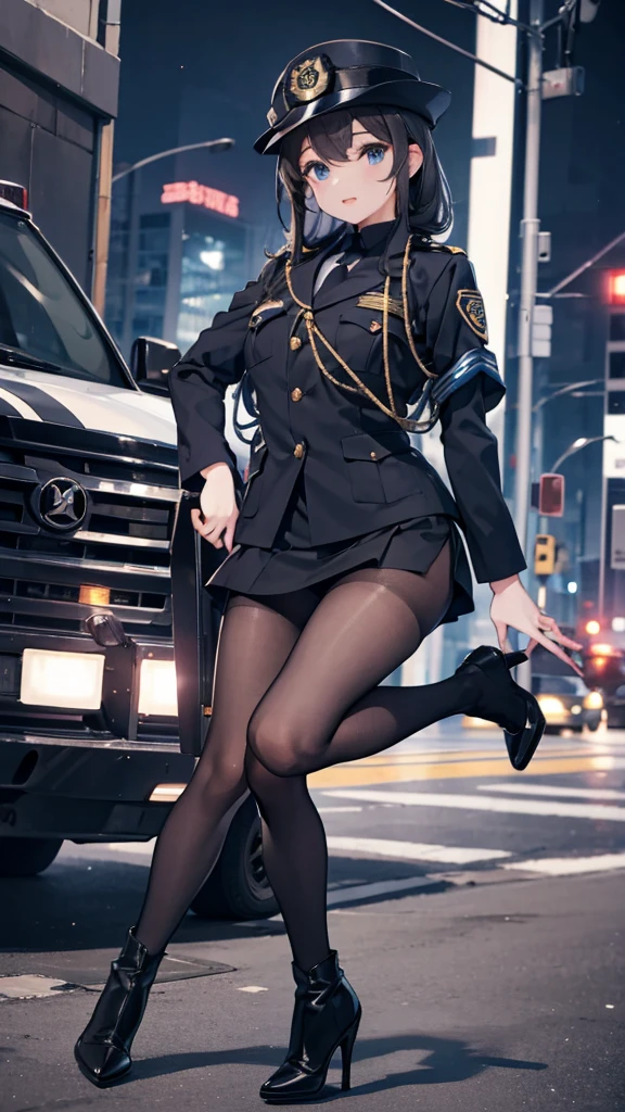 ，girl，Police Uniform，紧身Police Uniform，Hip skirt，Black silk tights，Black silk tights，Tight tights，high-heel boots，boots，Police hat，Police hat，Police badge，City background，Outdoor Background，Street background