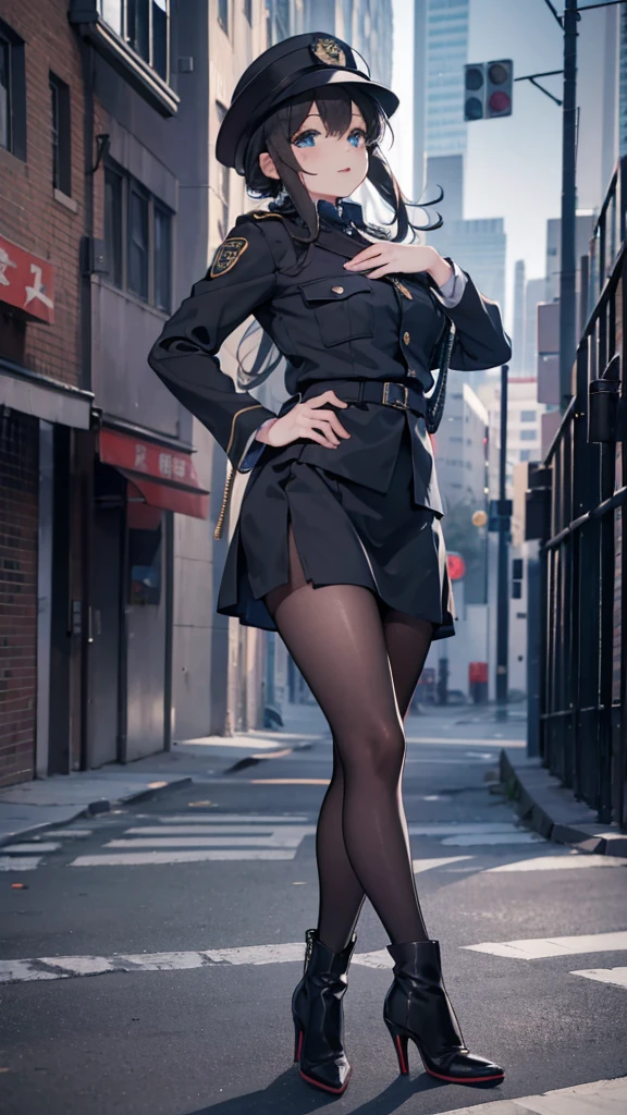 ，girl，Police Uniform，紧身Police Uniform，Hip skirt，Black silk tights，Black silk tights，Tight tights，high-heel boots，boots，Police hat，Police hat，Police badge，City background，Outdoor Background，Street background