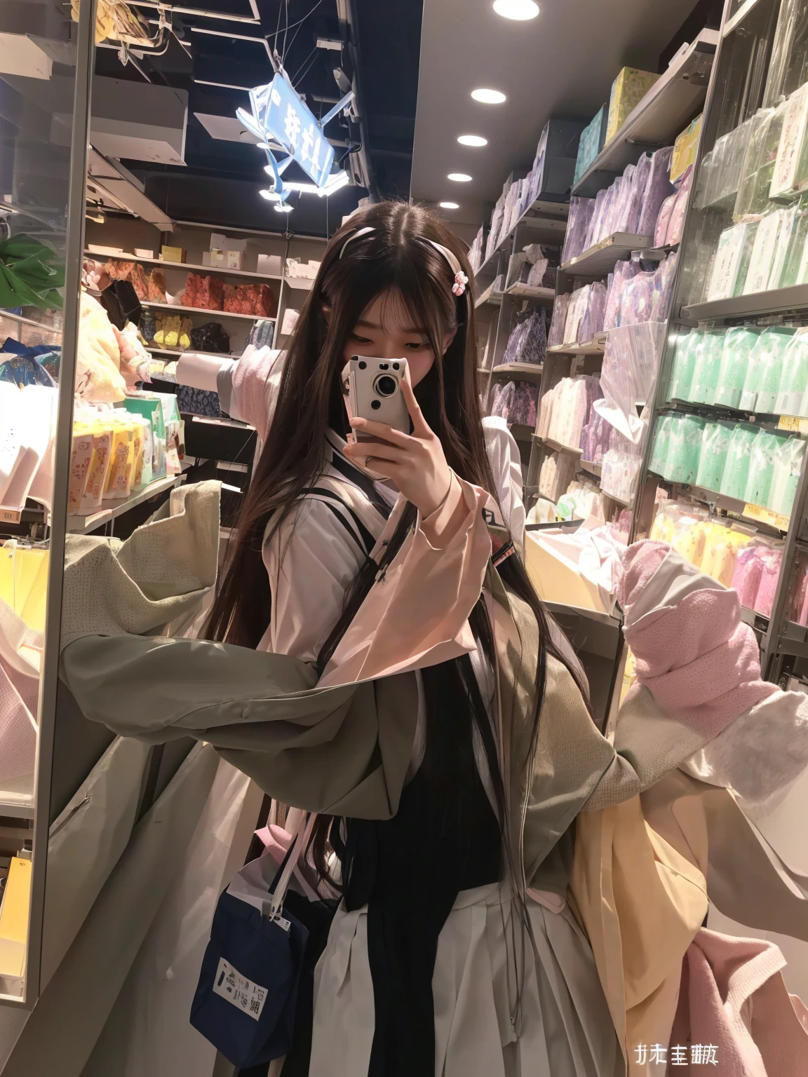 A woman takes a selfie with a camera in a store, Ulzan, Sakimichan, Chiho, Qingfu, Belle Delphine, 1 8 Yes, Japanese school uniform for girls, data center, In the mall, Lo-Fi Girl, Post-processing), student, Selfie taken at a vertical angle, Wear Japanese , Electronic Girl