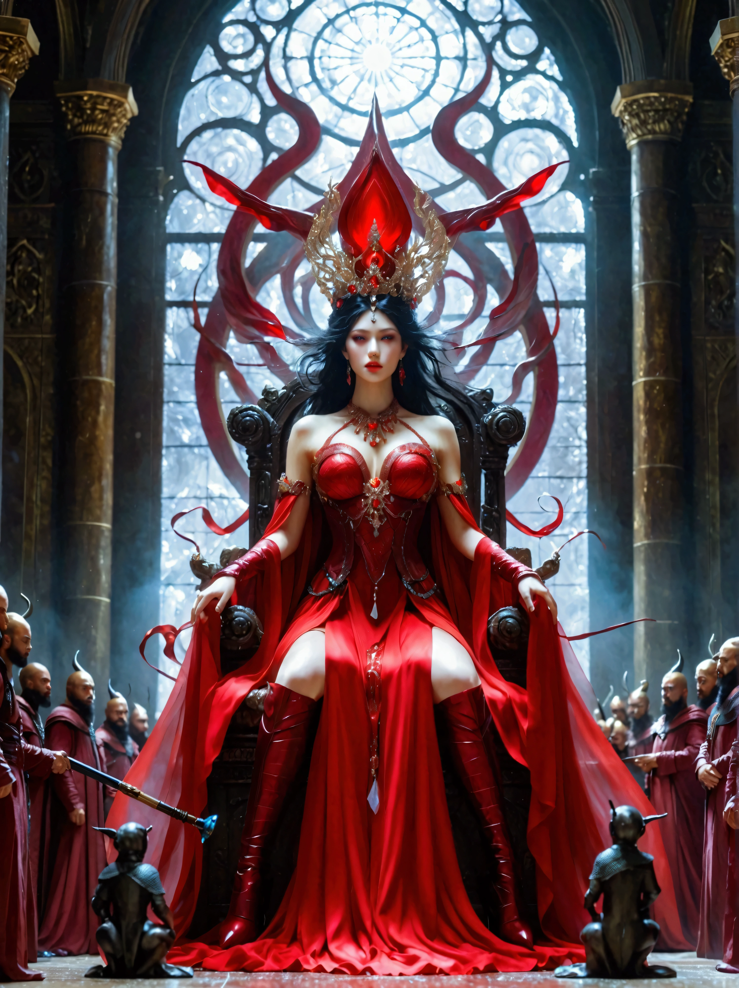 A gigantic mystical sorceress with vibrant red garments holds sway over a dystopian Earth. The relentless figure sits on an enormous throne in a grand hall, surrounded by her influential imagery and countless diminutive figures who kneel in reverence, considering her as their divine ruler.