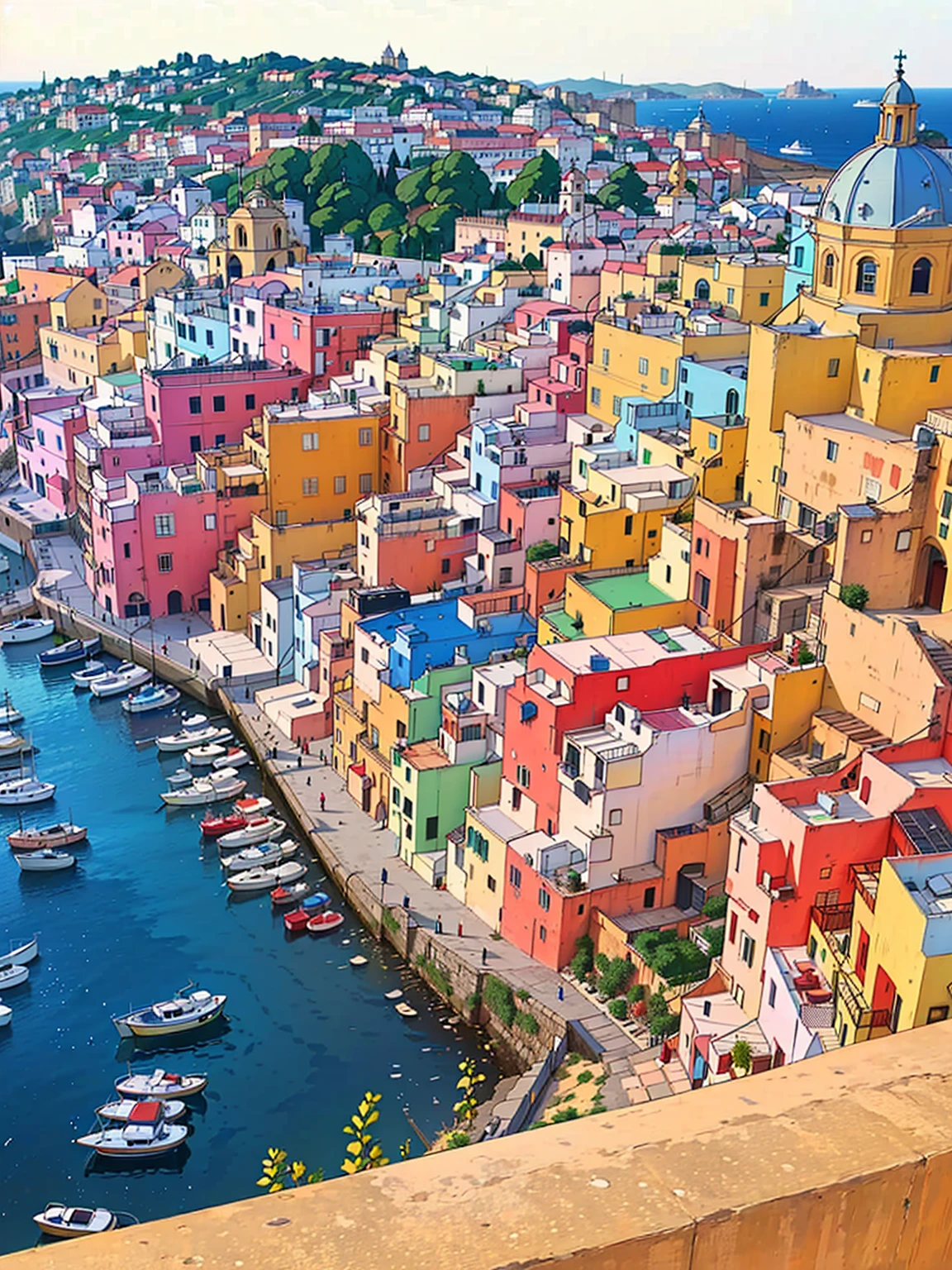 Aerial view of the port，In the background are ships and buildings, italian mediterranean city, Naples, A city of pure colors, Brightly colored buildings, mediterranean island scenery, Colorful city, mediterranean city, Italy, Colorful building, gulf of Naples, colorful houses, Colorful scene, Capri Coast, Colorful, Incredibly beautiful, Vibrant colors