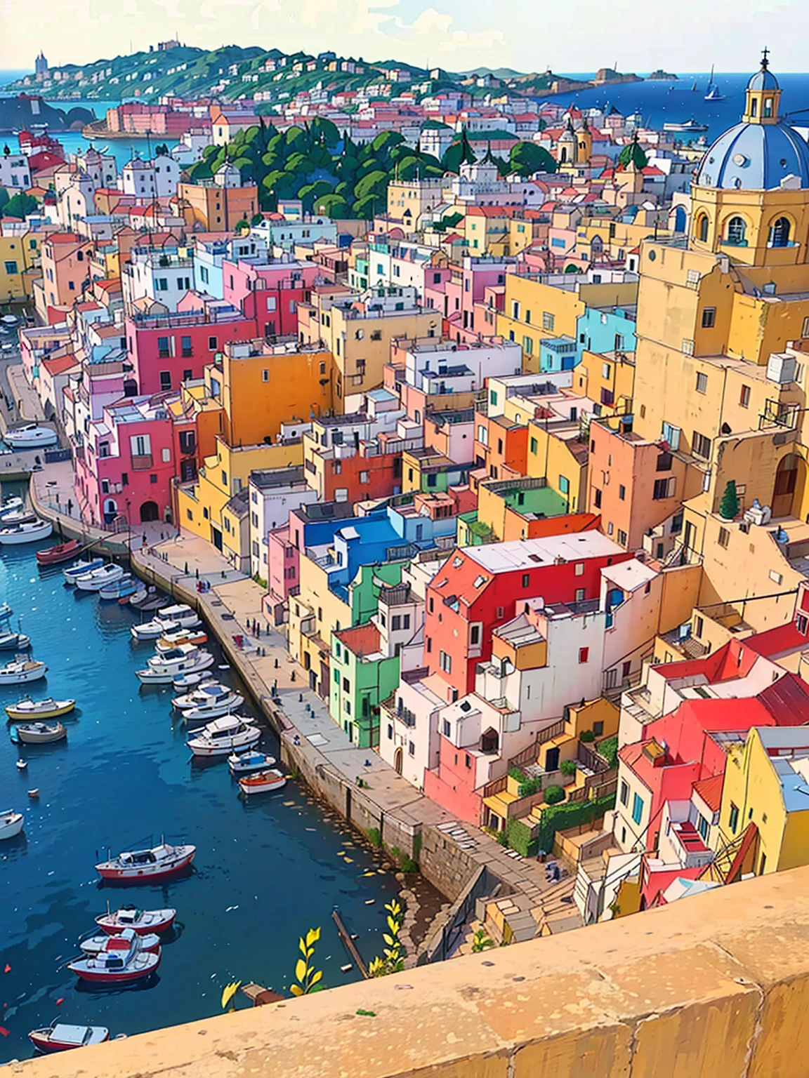 Aerial view of the port，In the background are ships and buildings, italian mediterranean city, Naples, A city of pure colors, Brightly colored buildings, mediterranean island scenery, Colorful city, mediterranean city, Italy, Colorful building, gulf of Naples, colorful houses, Colorful scene, Capri Coast, Colorful, Incredibly beautiful, Vibrant colors