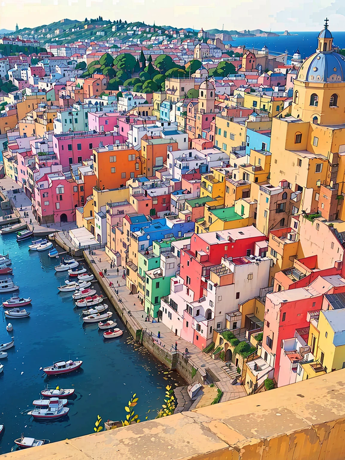 Aerial view of the port,In the background are ships and buildings, italian mediterranean city, Naples, A city of pure colors, Brightly colored buildings, mediterranean island scenery, Colorful city, mediterranean city, Italy, Colorful building, gulf of Naples, colorful houses, Colorful scene, Capri Coast, Colorful, Incredibly beautiful, Vibrant colors