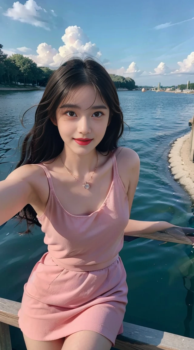 Selfie pose,realism,Beautiful and cute girl of 15 years old, masterpiece, best quality,Crystal necklace, A delicate and beautiful girl,He has big eyes like God,Long eyelashes,beautiful pupils,Sweet eyes,There are also silkworms,sweet smile,Hydrating red lips,Lipstick,blush blush,fair face,(Face fill light),float,endless sea,Small boat,Glasses,太陽Glasses,Sexy girl nipples,S-Shaped Body,Smooth, curls,There are pictures,(Pink crewneck dress),Short skirt,standing,Dynamic angle,Blue sky and white clouds,Pleasing to the eyes,face value,(Don't show your hands)