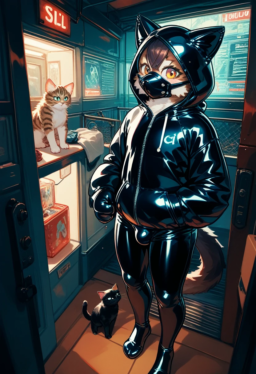 Highest quality, Highest quality, High quality illustrations, masterpiece, Ultra-high resolution, Detailed Background, Games Room, Absurd, Perfect Anatomy, performance, Good lighting, Shadows in the movies(kemono, Furry PersonifiCation), Cat, Dark Skin, Rubber suit, Rubber suit, latex, neon, neonライト, neonカラー, Rubber spats, Rubber Hoodie, Rubber mask, ribbon, Embarrassing, Null bulge, male, juvenile, From above