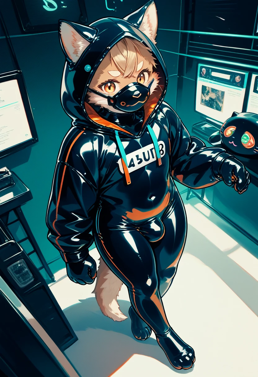 Highest quality, Highest quality, High quality illustrations, masterpiece, Ultra-high resolution, Detailed Background, Games Room, Absurd, Perfect Anatomy, performance, Good lighting, Shadows in the movies(kemono, Furry PersonifiCation), Cat, Dark Skin, Rubber suit, Rubber suit, latex, neon, neonライト, neonカラー, Rubber spats, Rubber Hoodie, Rubber mask, ribbon, Embarrassing, Null bulge, male, juvenile, From above