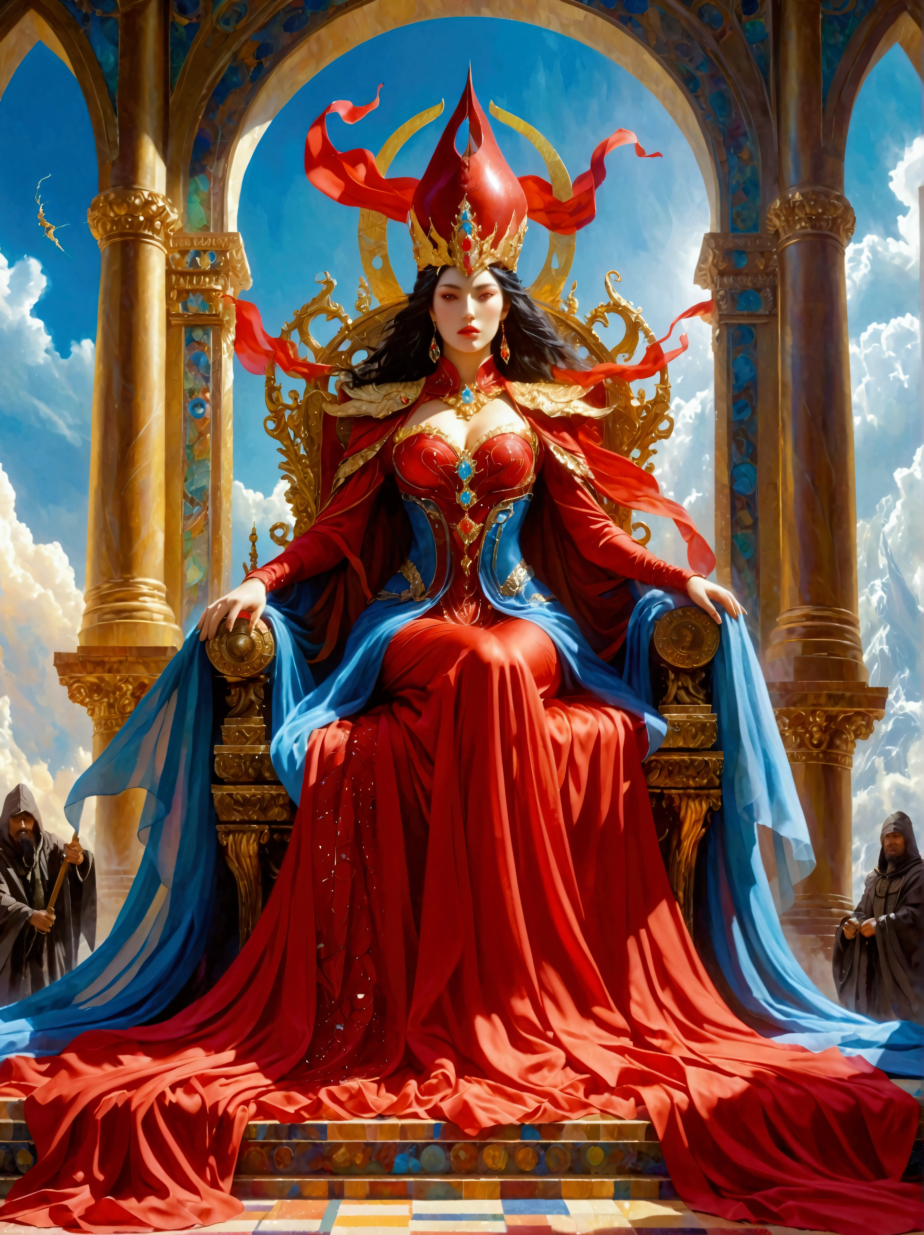 A gigantic mystical sorceress with vibrant red garments holds sway over a dystopian Earth. The relentless figure sits on an enormous throne in a grand hall, surrounded by her influential imagery and countless diminutive figures who kneel in reverence, considering her as their divine ruler.