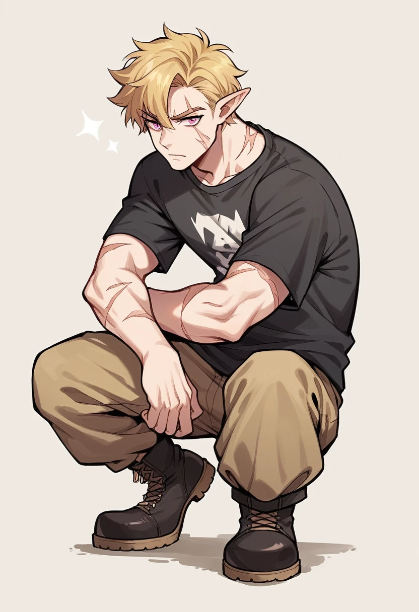 Pink-Eyed Half-Elf Bard, messy golden blonde hair and white skin. He is playing his lute and singing happily in a desert around a makeshift camp with his adventure companions.. His clothes are a black short-sleeved t-shirt with a torn sweater., baggy brown pants and worn boots. His arms have scars